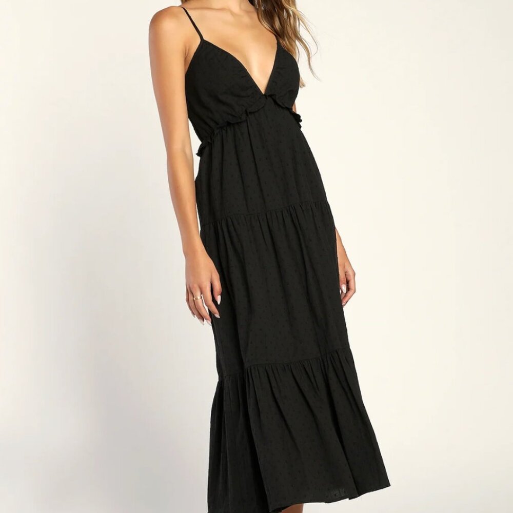 Lulus | Never Looked Cuter Black Swiss Dot Tiered Midi Dress